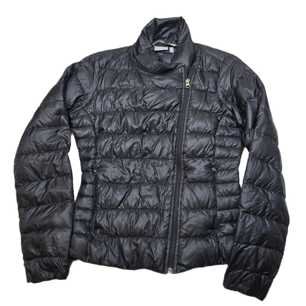 Athleta Goose Down Puffer Jacket Womens Small Black Asymmetrical‎ Lightweight